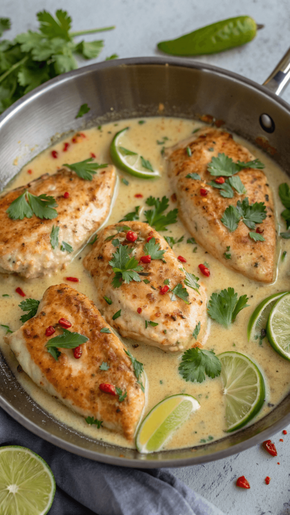Oven-baked cilantro lime chicken thighs with crispy edges in baking dish.