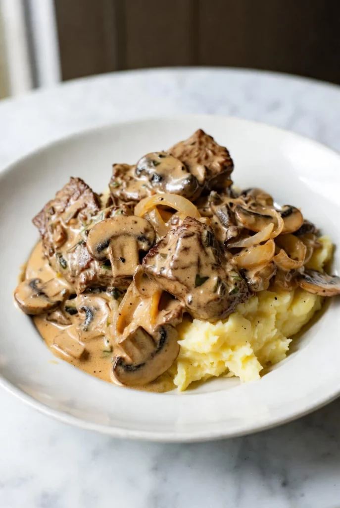 Potato beef stroganoff garnished with parsley and ready to serve