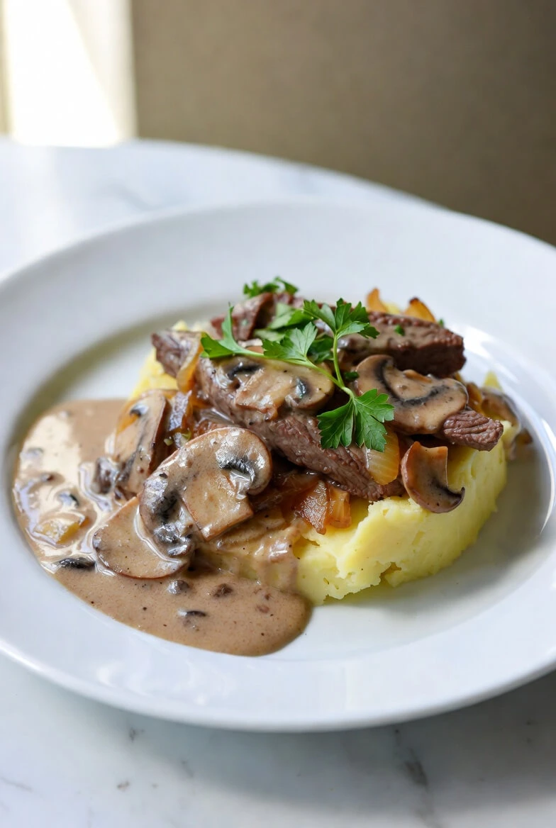 Potato Beef Stroganoff served in a white dish with creamy sauce, tender beef, potatoes, and mushrooms