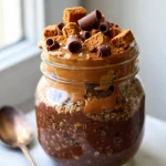 Warm Biscoff overnight oats in a stoneware bowl with subtle steam rising and melted cookie butter on top
