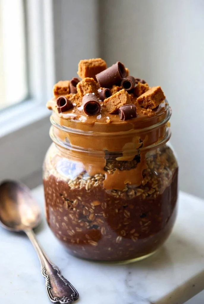 Warm Biscoff overnight oats in a stoneware bowl with subtle steam rising and melted cookie butter on top
