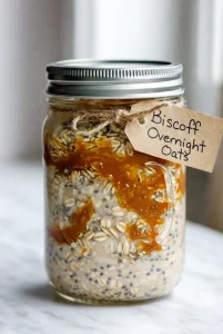 Sealed mason jar of prepared Biscoff overnight oats with a handwritten label tied with twine