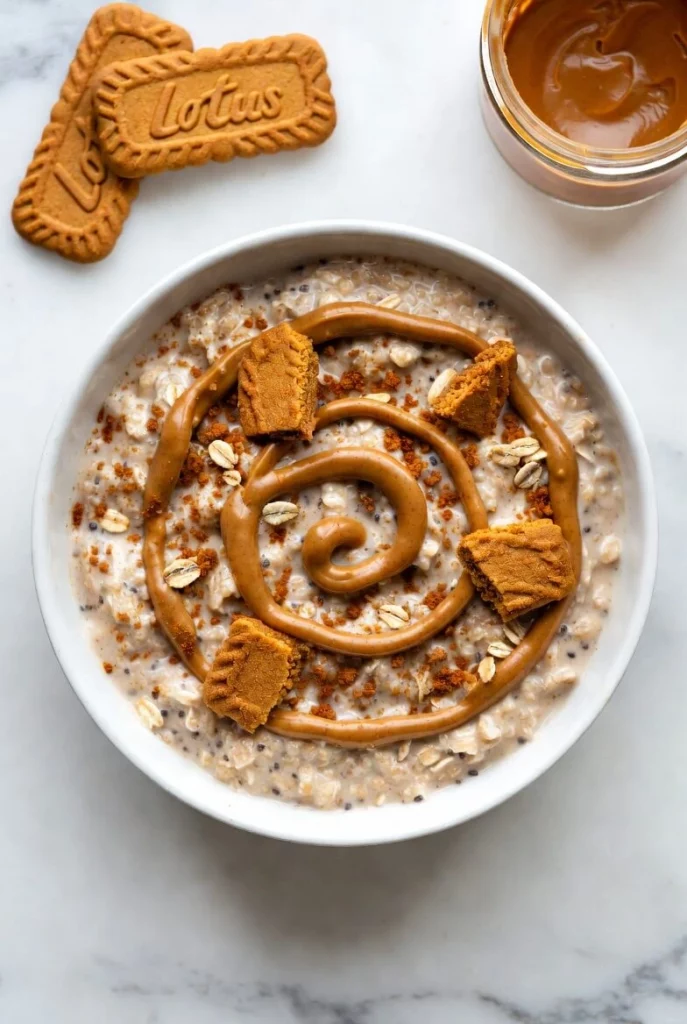 Overhead view of Biscoff overnight oats in a white ceramic dish with cookie butter spiral and crumbled cookies