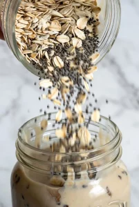Rolled oats and chia seeds being poured into a glass jar of creamy Biscoff milk mixture