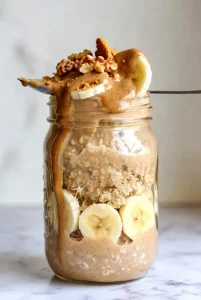 Tall glass of Biscoff overnight oats parfait layered with banana slices and crumbled cookies