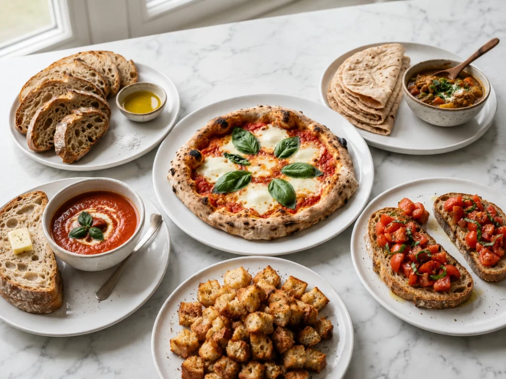 Mediterranean table with homemade pizza, artisan bread, flatbreads, bruschetta, soup and croutons, showing the results of learning how to knead dough by hand.