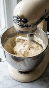 Stand mixer with paddle attachment beating butter and sugar until pale and fluffy