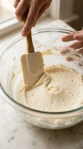 Rubber spatula scraping the side of a bowl filled with creamed butter and sugar