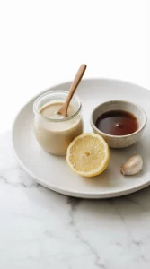 Tahini, lemon, maple syrup, and garlic for buddha bowl dressing