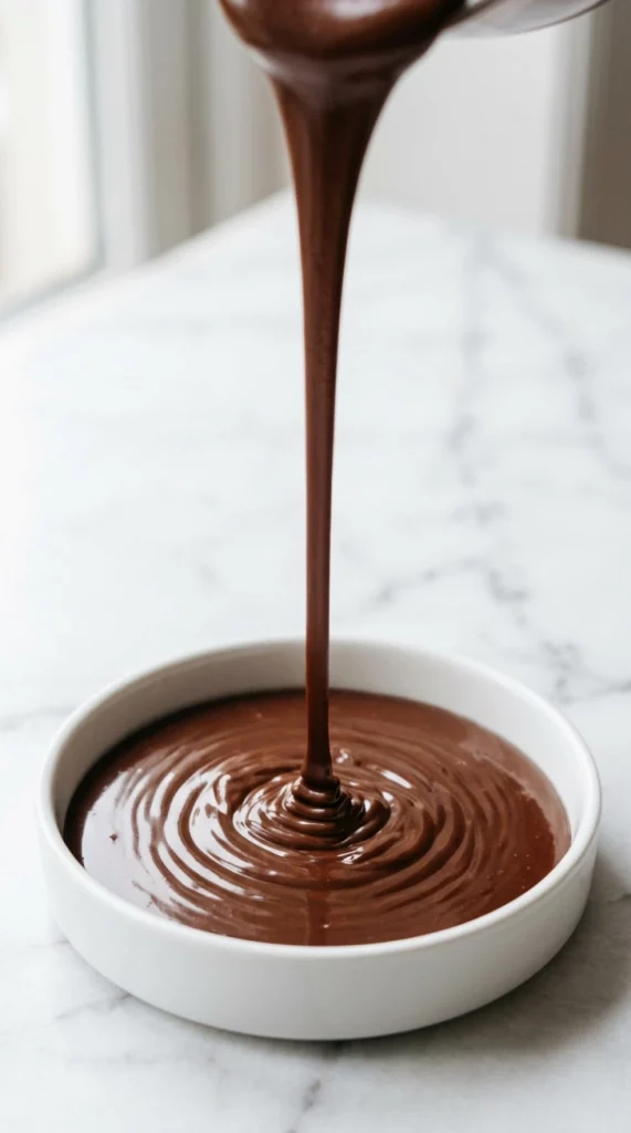 Chocolate ganache being poured into a white dish
