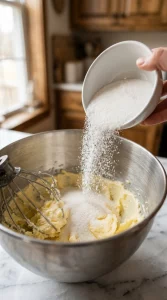 Granulated sugar being poured over softened butter in a stand mixer bowl