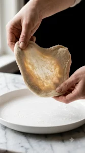 Dough stretched thin to test gluten development by hand