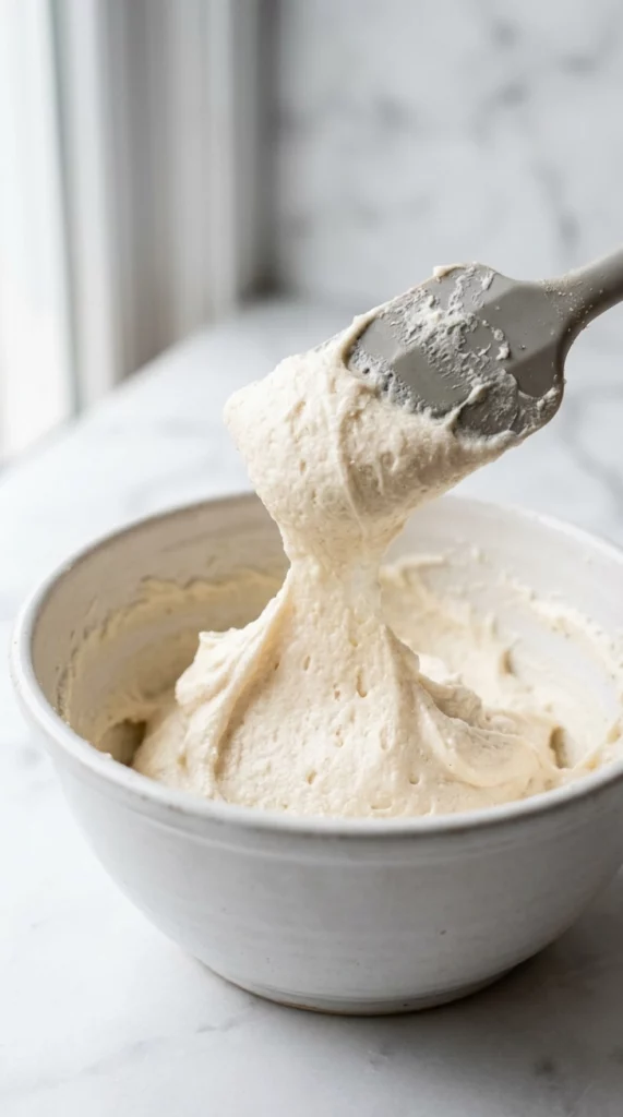 Spatula lifting a soft peak of creamed butter and sugar from a mixing bowl
