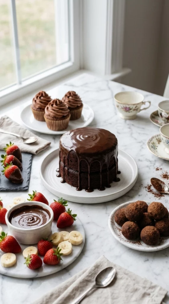 Chocolate ganache spread with cake, cupcakes, truffles, and fruit dip on white marble table