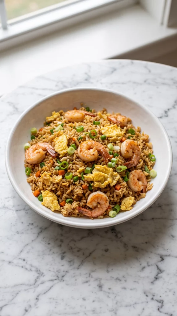 Shrimp and egg fried rice served in a white dish with green onion