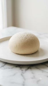 Smooth raw dough ball dusted with flour before rising