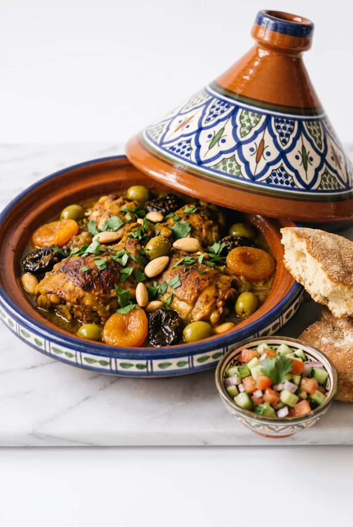 Chicken tagine served with cucumber tomato side salad