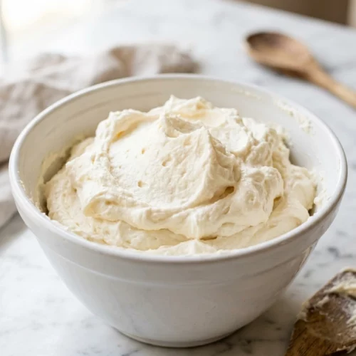 Freshly creamed butter and sugar, pale and fluffy, in a white ceramic mixing bowl