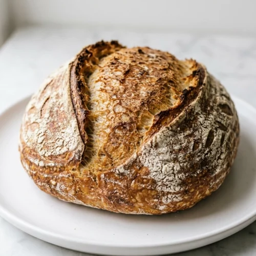 Whole round loaf of hand-kneaded bread with a golden floured crust