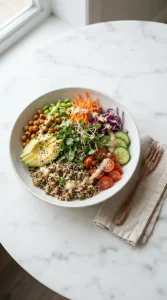 Quinoa buddha bowl plated with linen napkin and wooden fork