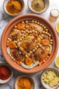 Layered ingredients for chicken tagine crockpot before slow cooking