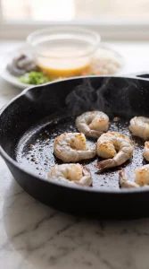 Shrimp searing in a hot skillet for fried rice recipe