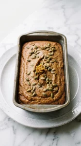Freshly baked pumpkin bread loaf with toothpick test