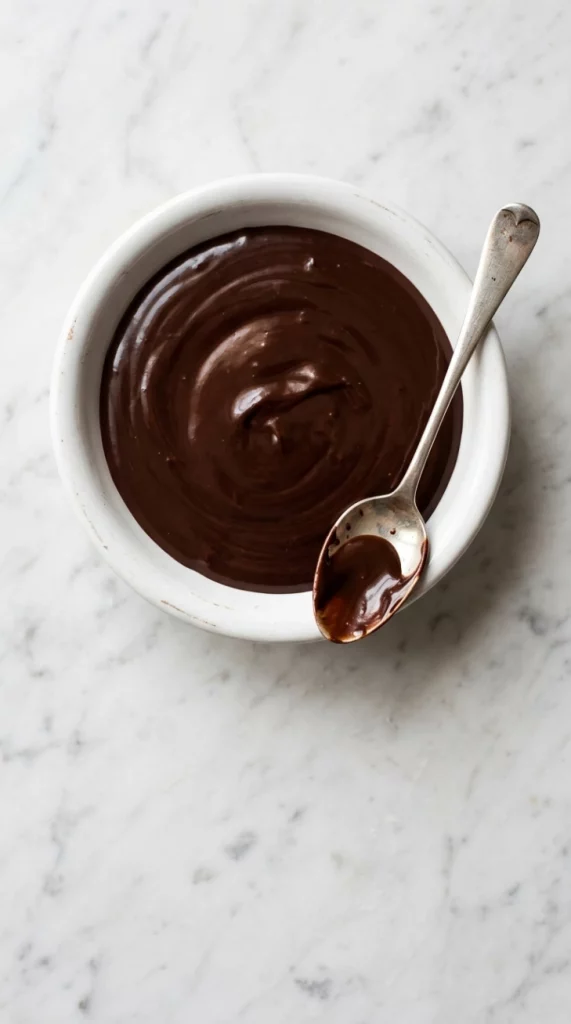 Overhead view of chocolate ganache with spoon in white dish