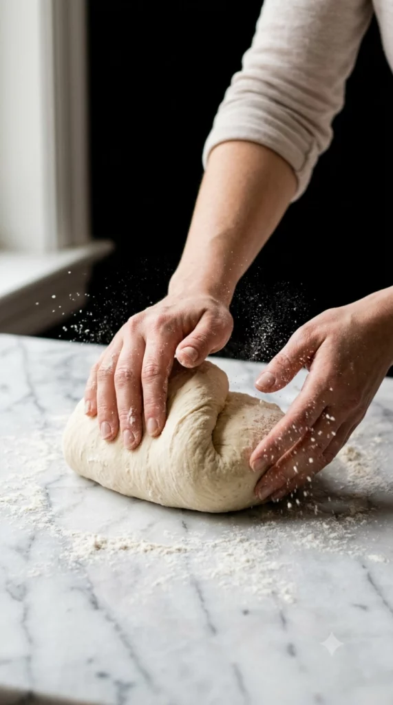 Hands kneading dough by hand on a floured marble surface