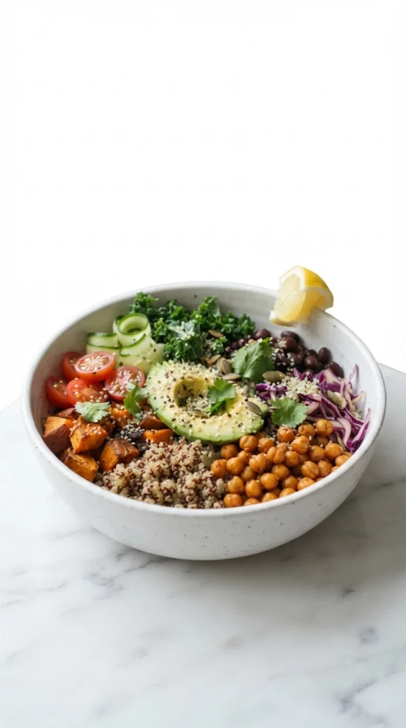 Quinoa buddha bowl served with a fresh lemon wedge