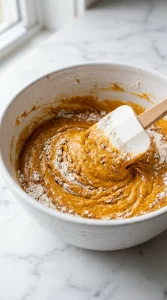 Folding pumpkin bread batter with a spatula