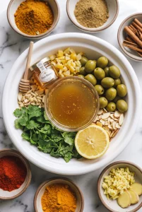 Chicken stock, honey, lemon, olives, and cilantro for chicken tagine