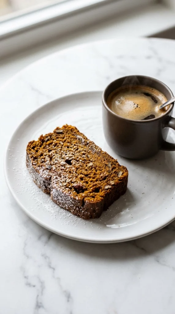 Spiced pumpkin bread served with a cup of coffee