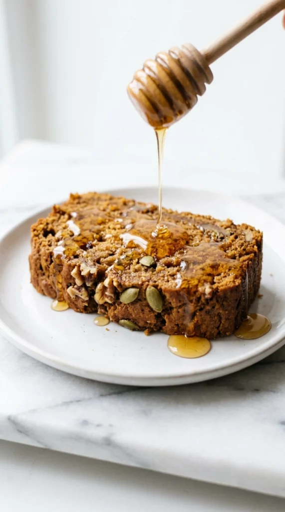 Pumpkin bread slice with honey drizzle