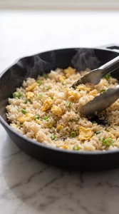 Rice stir-frying in a hot skillet with egg and green onion