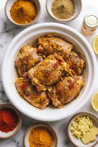 Chicken thighs coated in Moroccan spice blend for tagine recipe