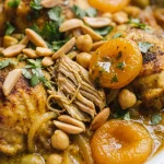 Individual portion of chicken tagine plated in a small white dish