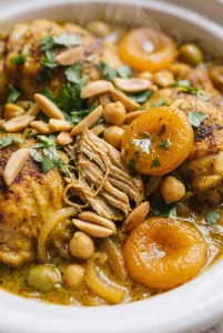Individual portion of chicken tagine plated in a small white dish