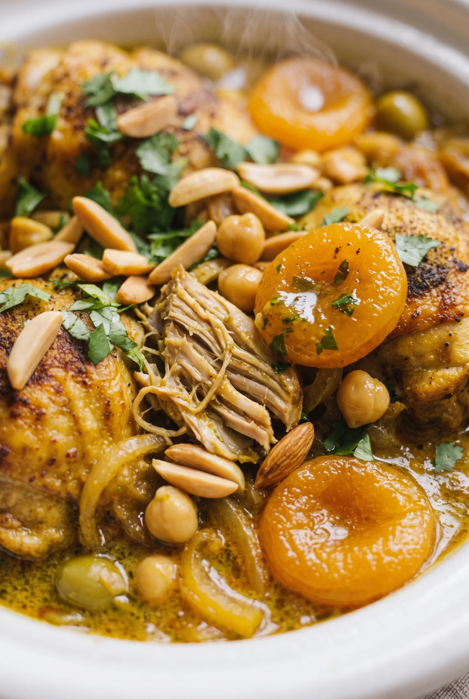 Individual portion of chicken tagine plated in a small white dish