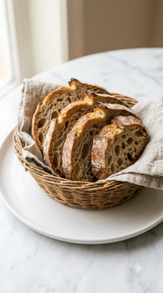 Sliced hand-kneaded bread arranged in a linen-lined basket