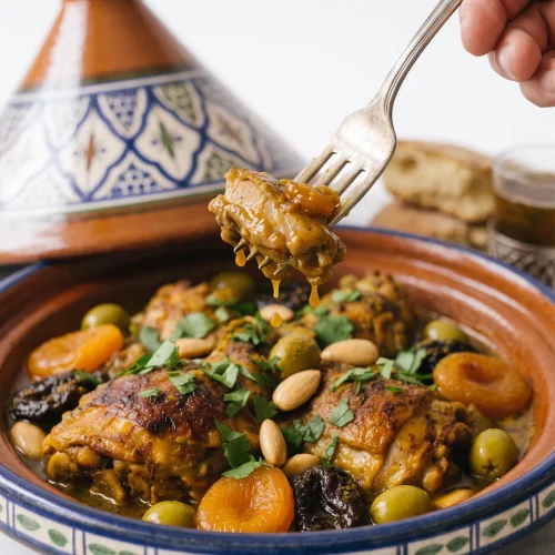 Fork lifting a bite of chicken tagine with sauce dripping