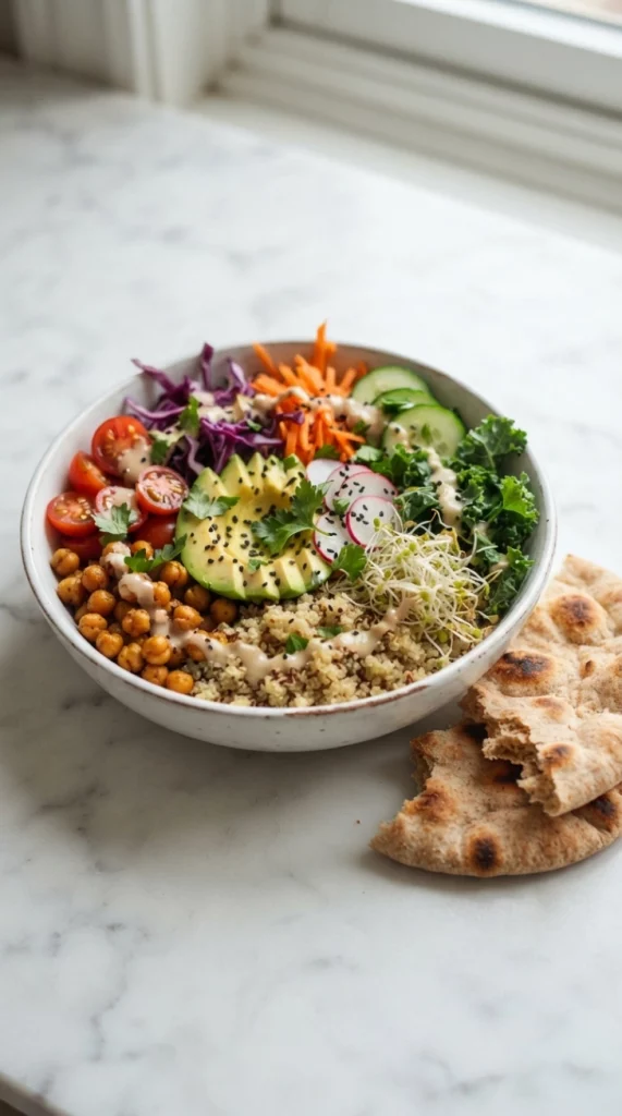 Quinoa buddha bowl served with warm flatbread