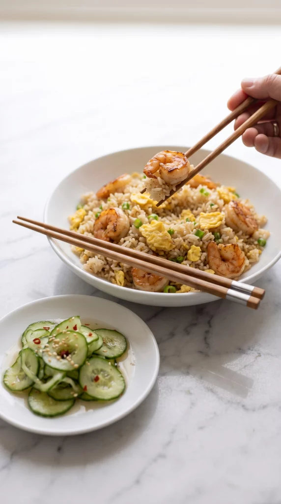 Chopsticks lifting a bite of shrimp and egg fried rice