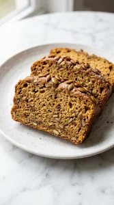 Overhead view of pumpkin bread loaf with streusel topping