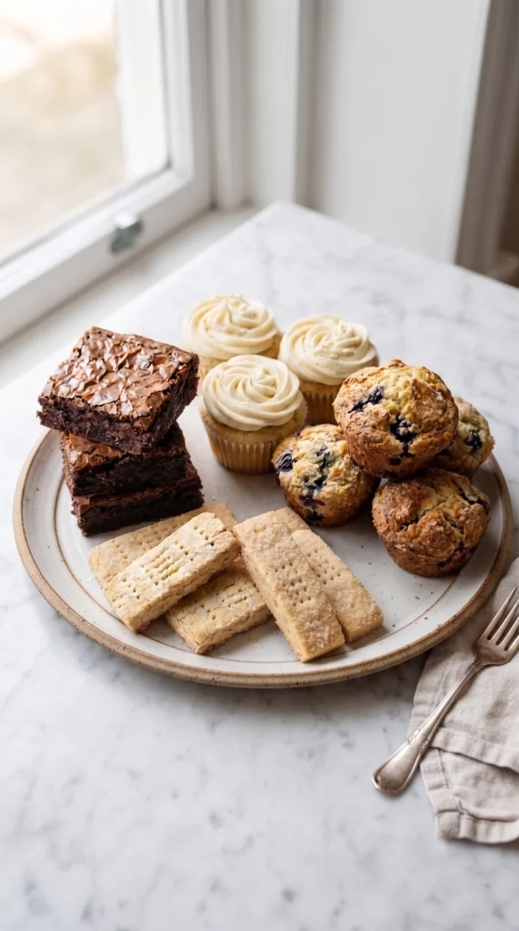 Assortment of brownies, frosted cupcakes, blueberry muffins, and shortbread on a ceramic plate