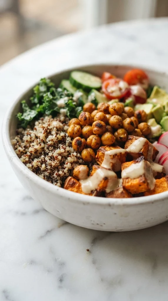 Close-up texture of quinoa, chickpeas, and tahini dressing
