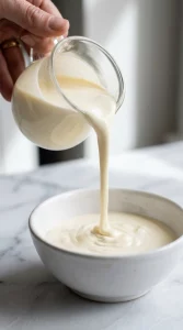 Heavy cream poured into a white bowl