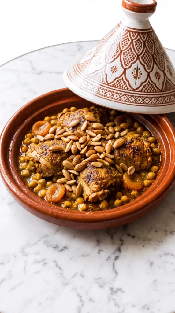 Freshly cooked chicken tagine crockpot recipe with steam rising