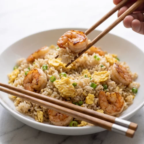 Shrimp and egg fried rice served with wooden chopsticks