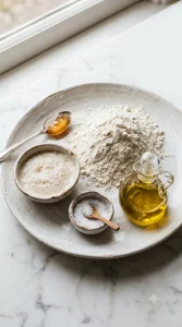 All bread dough ingredients arranged before kneading by hand